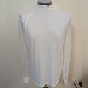 Elegant White Women's Top with Sheer Sleeves And Pearls
